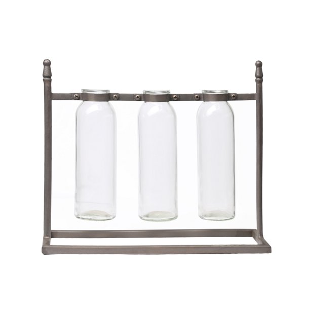 Rectangular Bud Vase Holder with 3 Hanging Glass Bottles, Set of 2