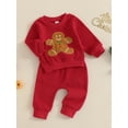 thumbnail image 4 of Baby Toddler Boy Girl Christmas Outfit, 0 6 12 18 24 Months 2T 3T Gingerbread Man Embroidery Long Sleeves Sweatshirt Elastic Waist Pants, 4 of 9
