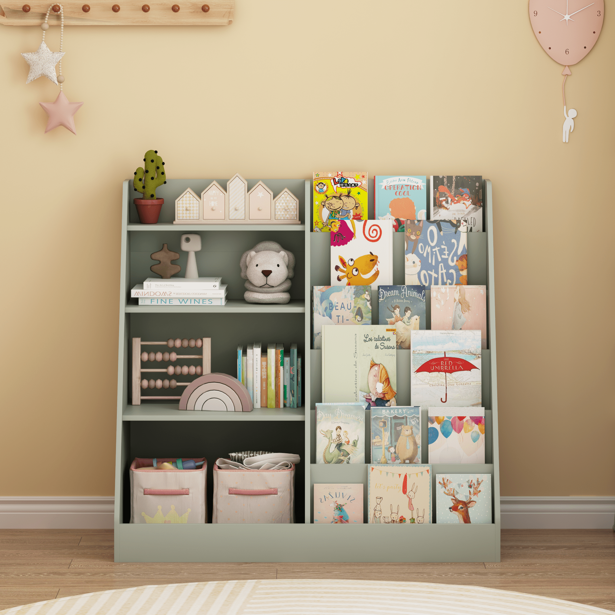 Kids Bookshelf and Toy Storage Organizer, Multifunctional 4 Tier Wooden Kids Book Shelf with Bookcase Display Stand in Kids Room Playroom Nursery for Kids, Children, Toddlers (Sage)