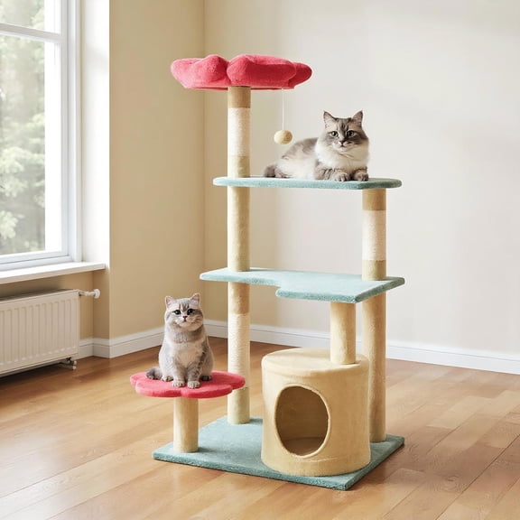Yardi Yarda 49" Aesthetic Floral Kitten Tower w/Flower-Shaped Plush Perch, Corner Cat Tree, Cat Climbing Tower, Cat Towers for Indoor Cats-Multicolor