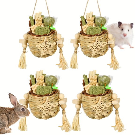 Rabbit Chew Toys For Teeth, Natural Sweet Bamboo Timothy Hay Sticks Basket Pack Of 4