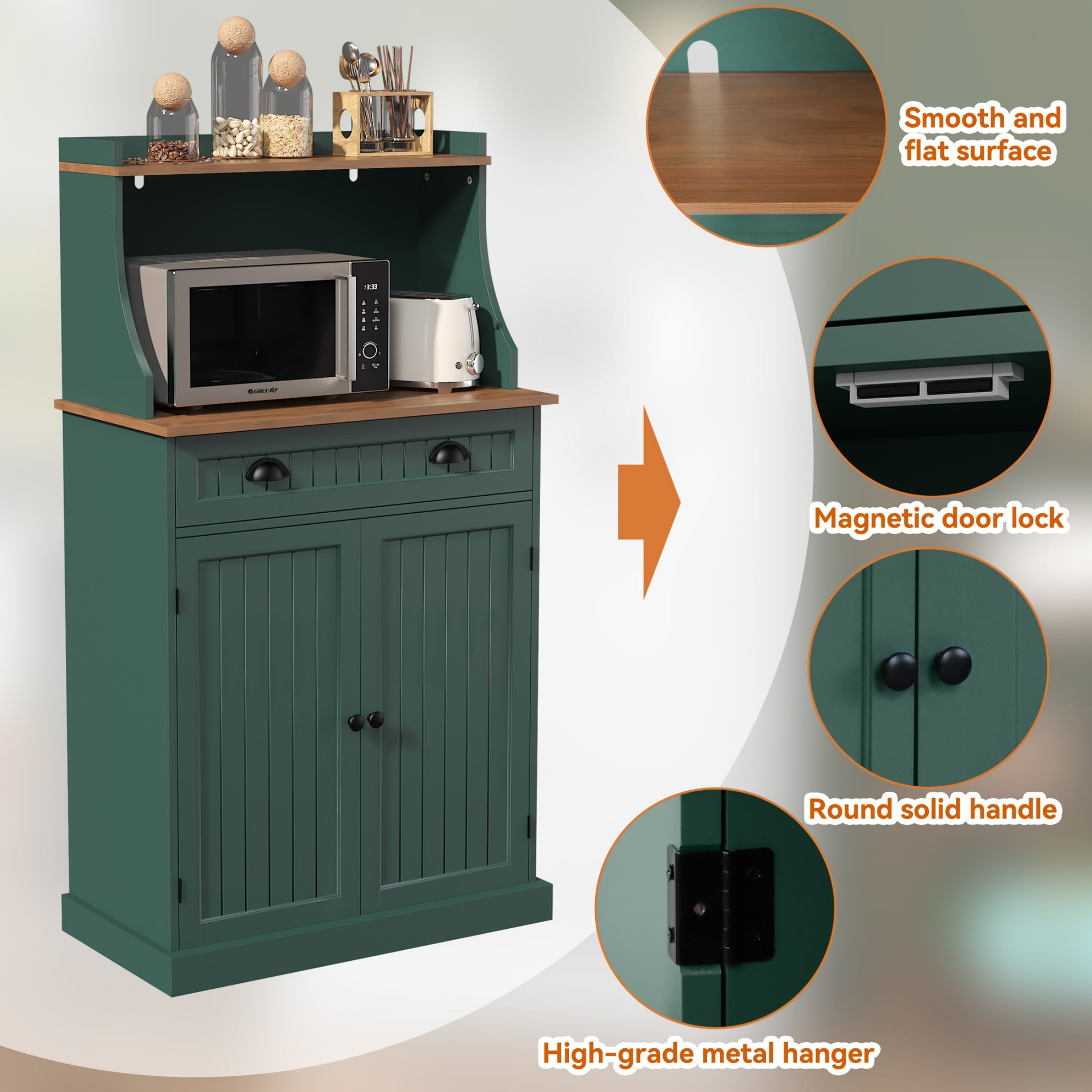HLR Farmhouse Kitchen Pantry Cabinet with Microwave Stand, 54" Coffee Bar Storage Cabinet, Green