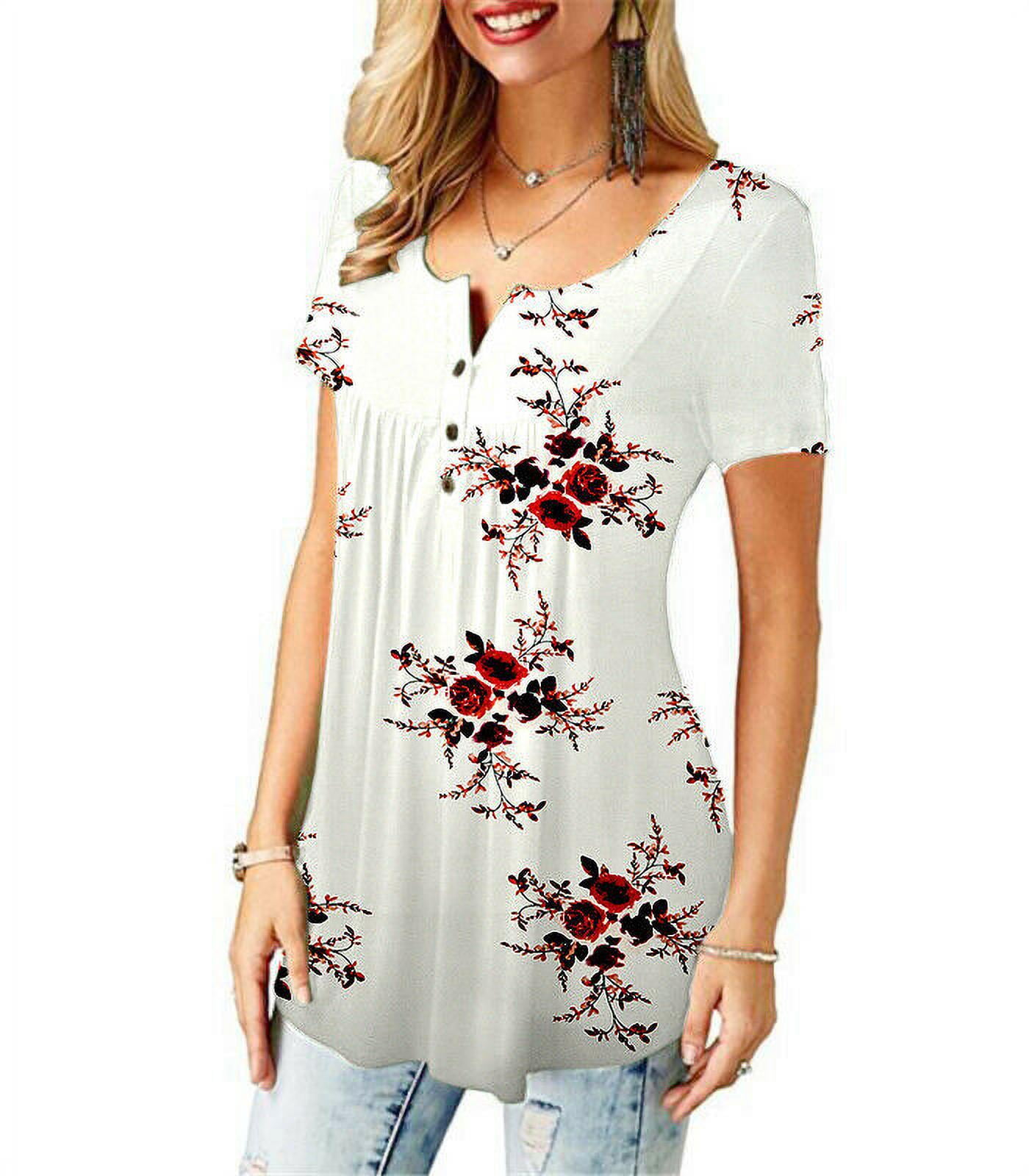 Womens Short Sleeve Summer Loose T Shirts Tee Ladies Floral Tunic Tops Blouse UK 