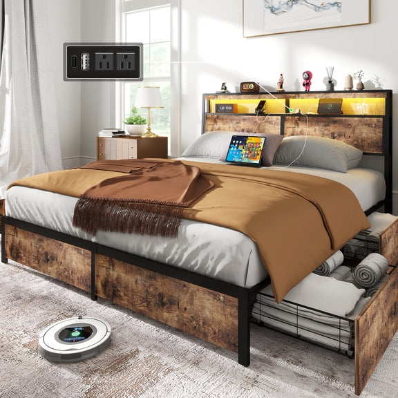 DRNANLIT King Bed Frame with Storage Headboard and 4 Drawers, Metal Platform Bed Frame with LED Light, Charging Station, No Box Spring Needed, Easy Assembly, Vintage Brown