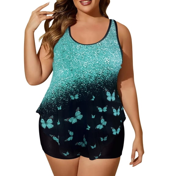 Qingpeng Women's Plus Size Swimdress Print 2 Pieces Tankini Swimsuits Womens Stripe Bathing Suits Swim Top Shorts