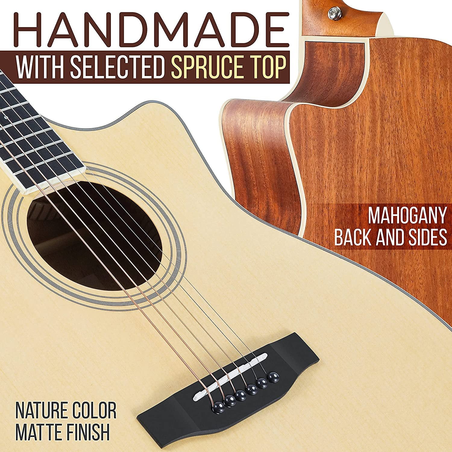 Pyle Premium Electric Acoustic Guitar w/Spruce Top and Mahogany Sides - Full Size Standard Dreadnought Cutaway Natural Matte Finish w/Full Starter Kit Gig Bag, 4-Band EQ, Rechargeable Clip Tuner