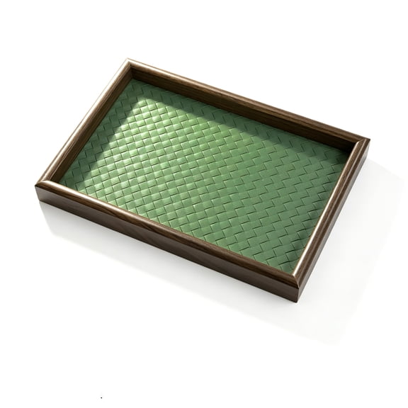 Wooden Valet Tray with Leather Base - Nightstand Catchall Organizer for Cologne, Perfume, Keys, Wallet, Phone, Watch, Jewelry & Sunglasses (Green)