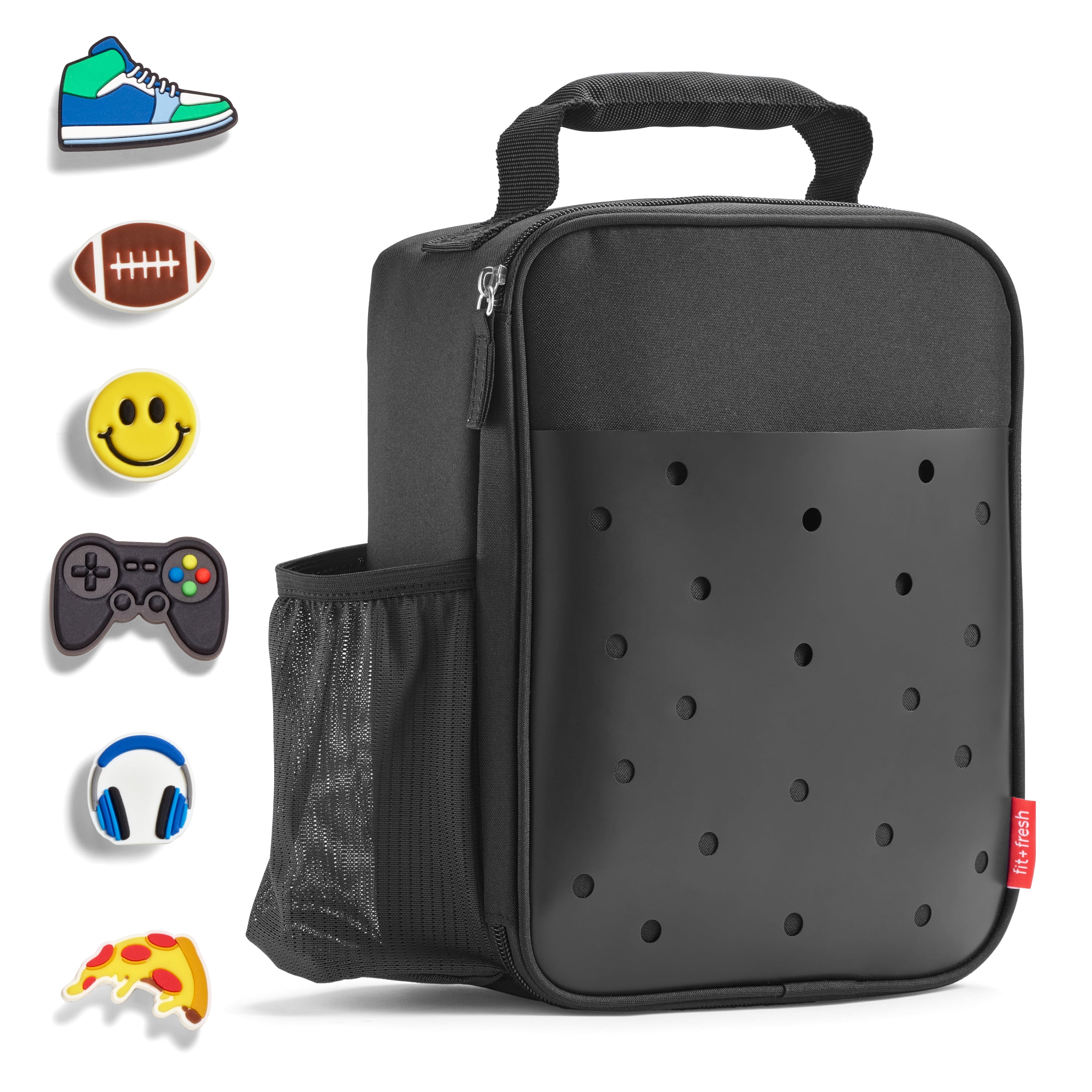 Fit + Fresh Black Charm Insulated Lunch Bag with 6 Shoe Charms for Kids, Boys and Girls