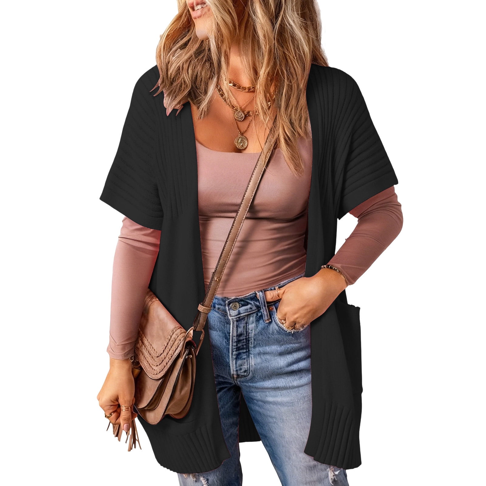 Women Long Sleeve Open Front Cardigan Casual Lightweight Cardigans Loose Knit Outwear with Pockets
