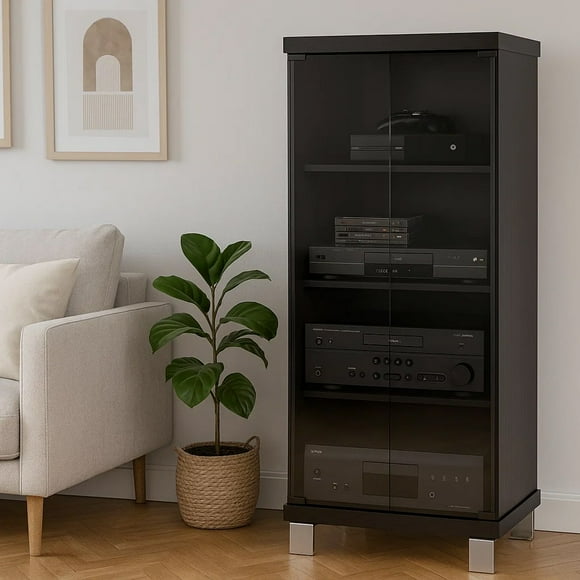 CorLiving Holland Black Engineered Wood Tall Narrow Media Storage Cabinet with Glass Doors