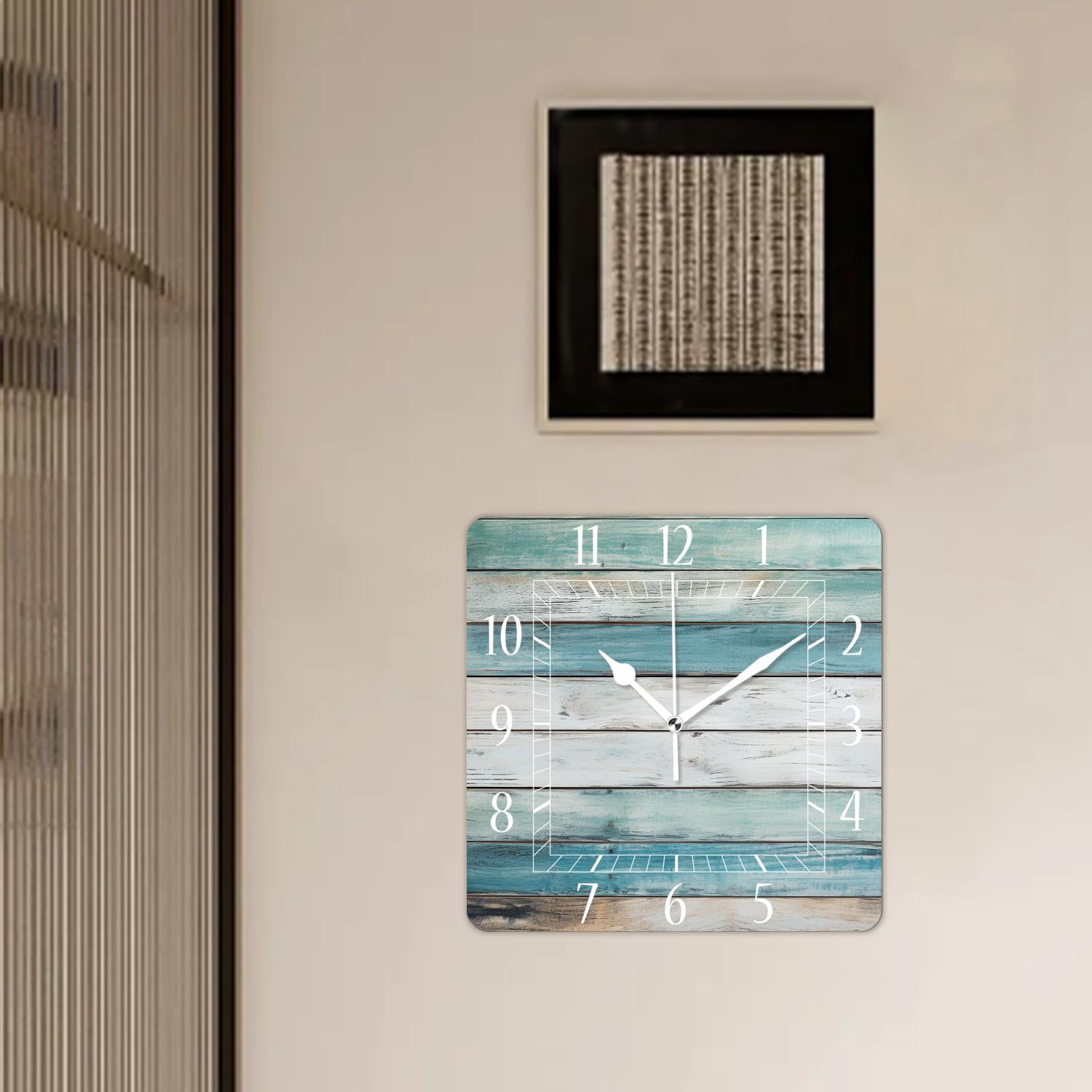 14 Inch Wall Clock Battery Operated Square Clock Decorative for Office, Kitchen, Outdoor, Living Room，Turquoise Wooden Print