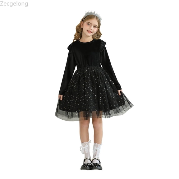Zecgelong Ruffled Long Sleeved Dress Princess Party Performance Dress Children's Dress Starry Dress Girls Dress For Kids Size 5-6 Years Black