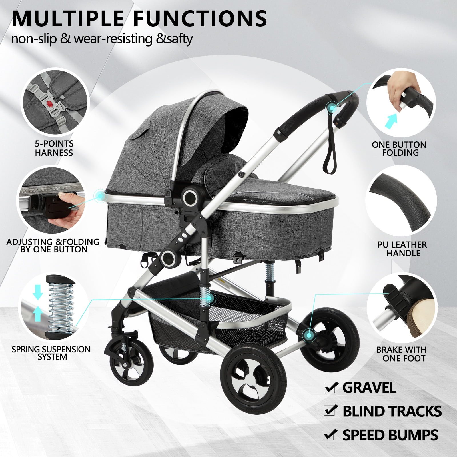 AILEEKISS 3-in-1 Convertible Baby Stroller with Big Seat and Adjustable Canopy, 24 Pound, Dark Grey