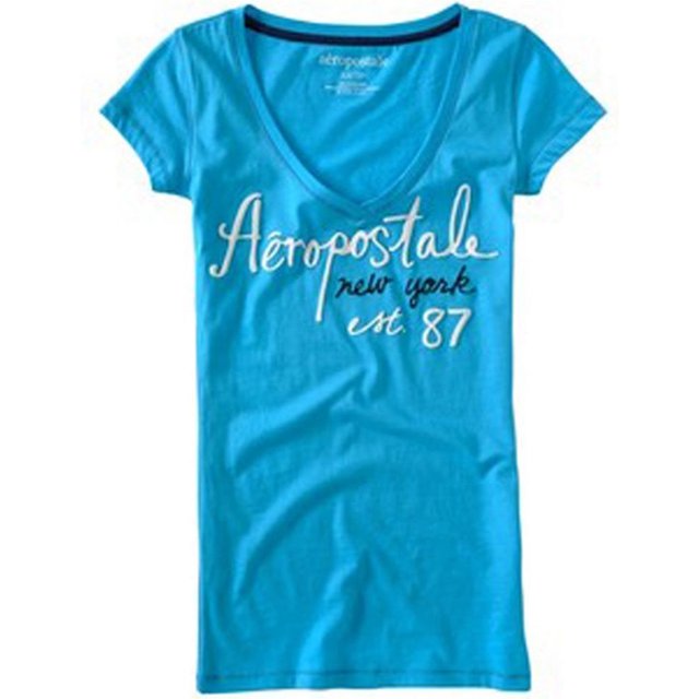 Aeropostale - Camiseta gráfica para mujer con cuello en V y manga Est 87, azul, talla mediana