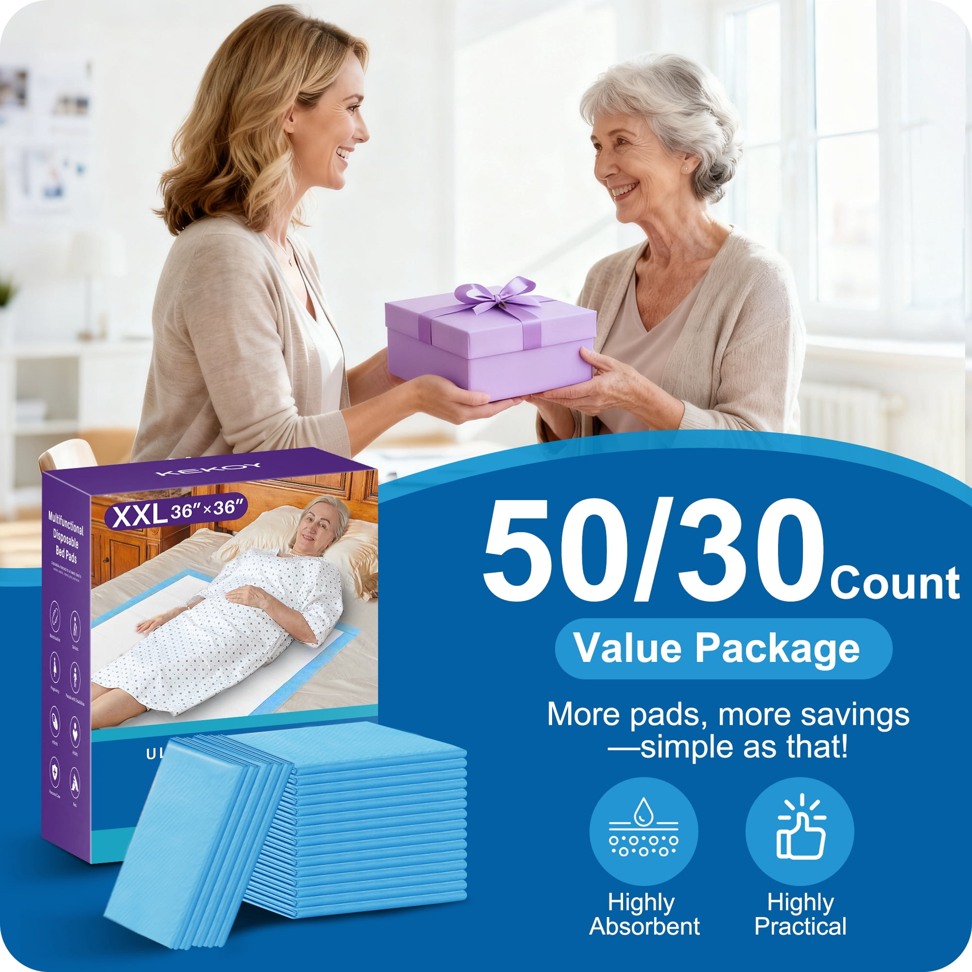 KEKOY Bed Pads for Incontinence Disposable, Maximum Absorbent Bed Pads, 30 x 36 Waterproof Underpads, Disposable Underpads for Adults, XL, 30 Count