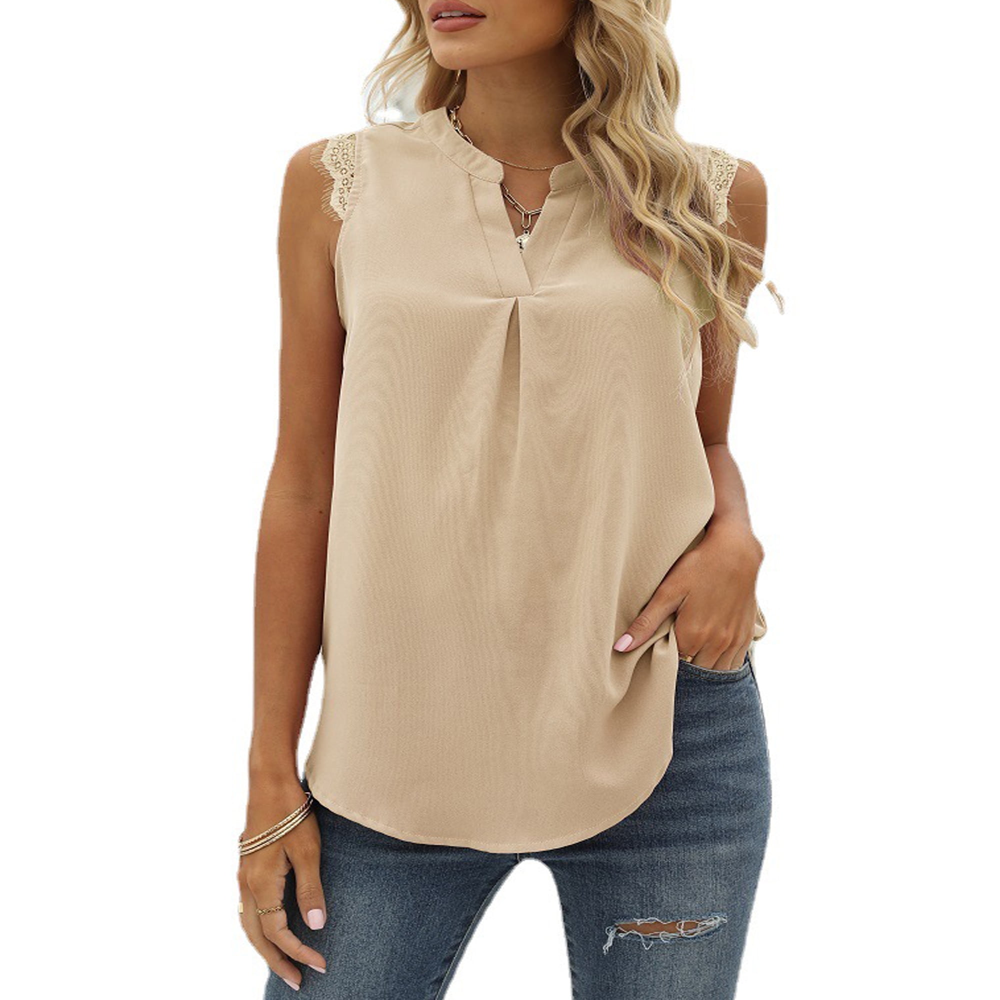 Mifater Women Casual Sleeveless V Neck Lace Tank Tops Loose Blouse Tees