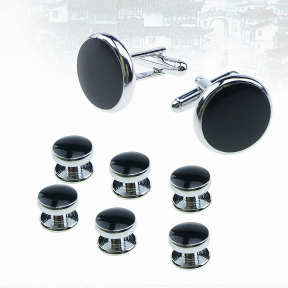 BESTOYARD 8Pcs Black Mens Cufflink and Studs Set Classic Round Design for Formal Shirts