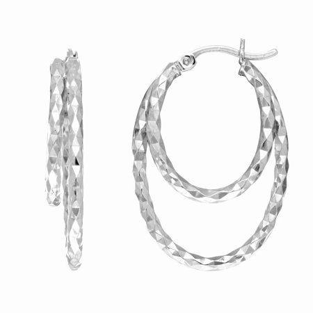 Ladies Sterling Silver 12MM Shiny Diamond Cut Layered Oval Hoop