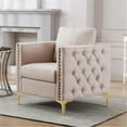 thumbnail image 2 of Modern Velvet Armchair, Tufted Button Leisure Chair with Metal Legs, For Living Room, Bedroom, Tan, 2 of 7