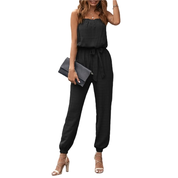 Txlixc Mono largo de verano para mujer, sin tirantes, con hombros descubiertos, mono de una pieza con cinturón Txlixc Estilo de ocio