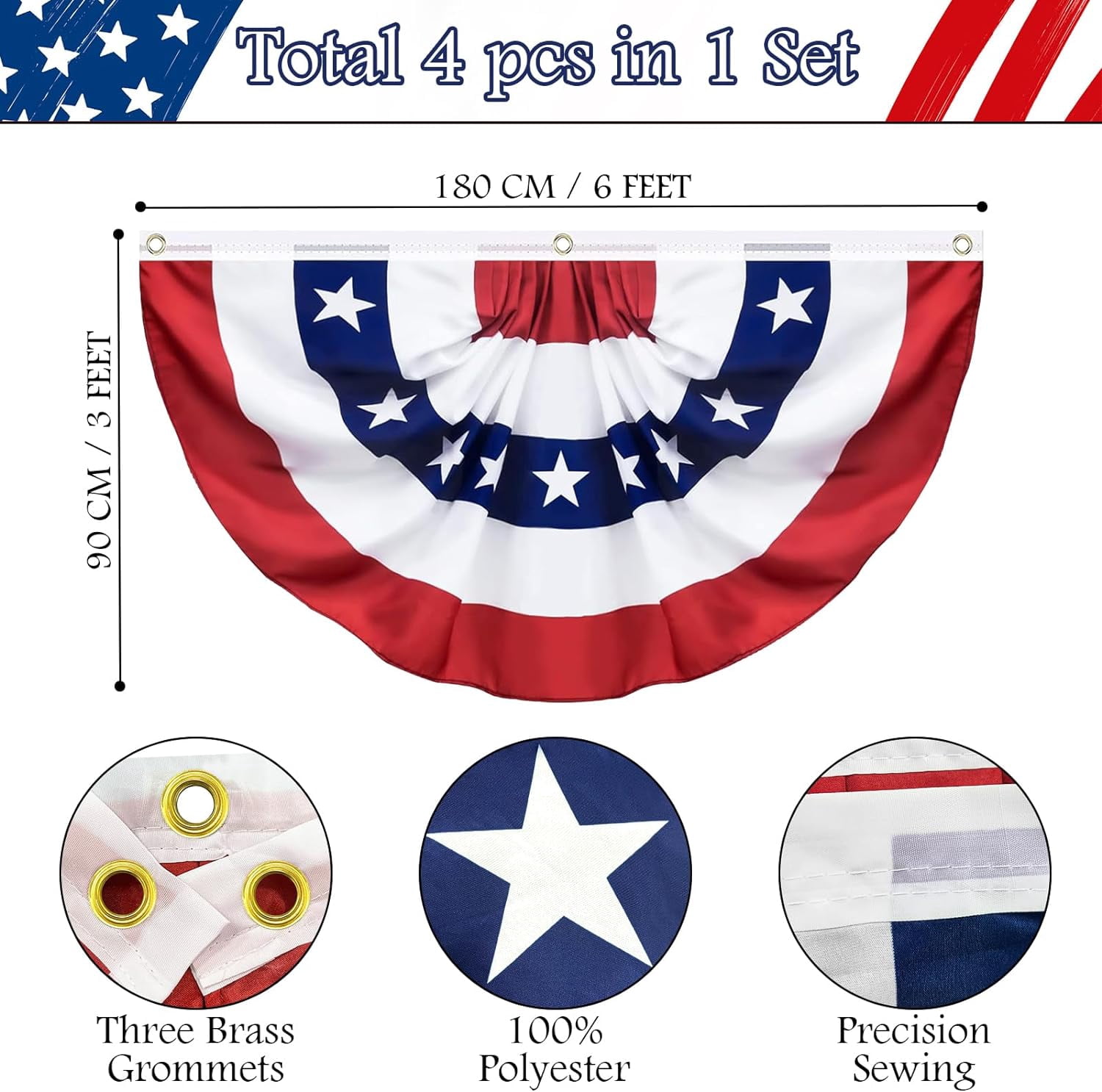4 Pack USA Pleated Fan Flag, 3 X 6 Feet American US Bunting Flag Patriotic Half Fan Banner Flag Decoration, 4th of July Memorial Day Independence Day Fourth July Outdoor Decor