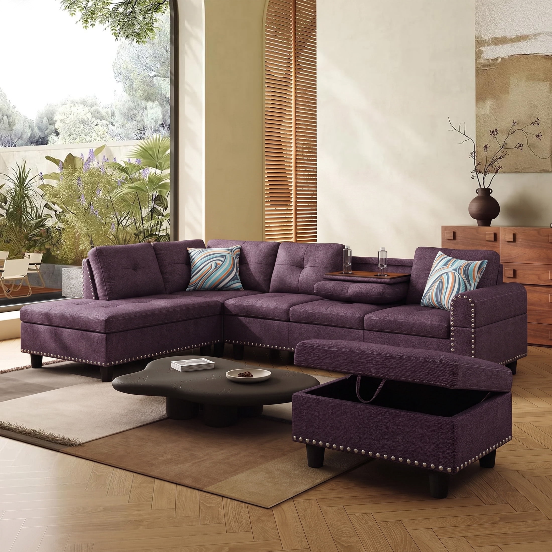 AENKYO 98" L-Shaped Sectional Sofa with Reversible Chaise, Storage Ottoman & Cup Holders, Linen, Purple