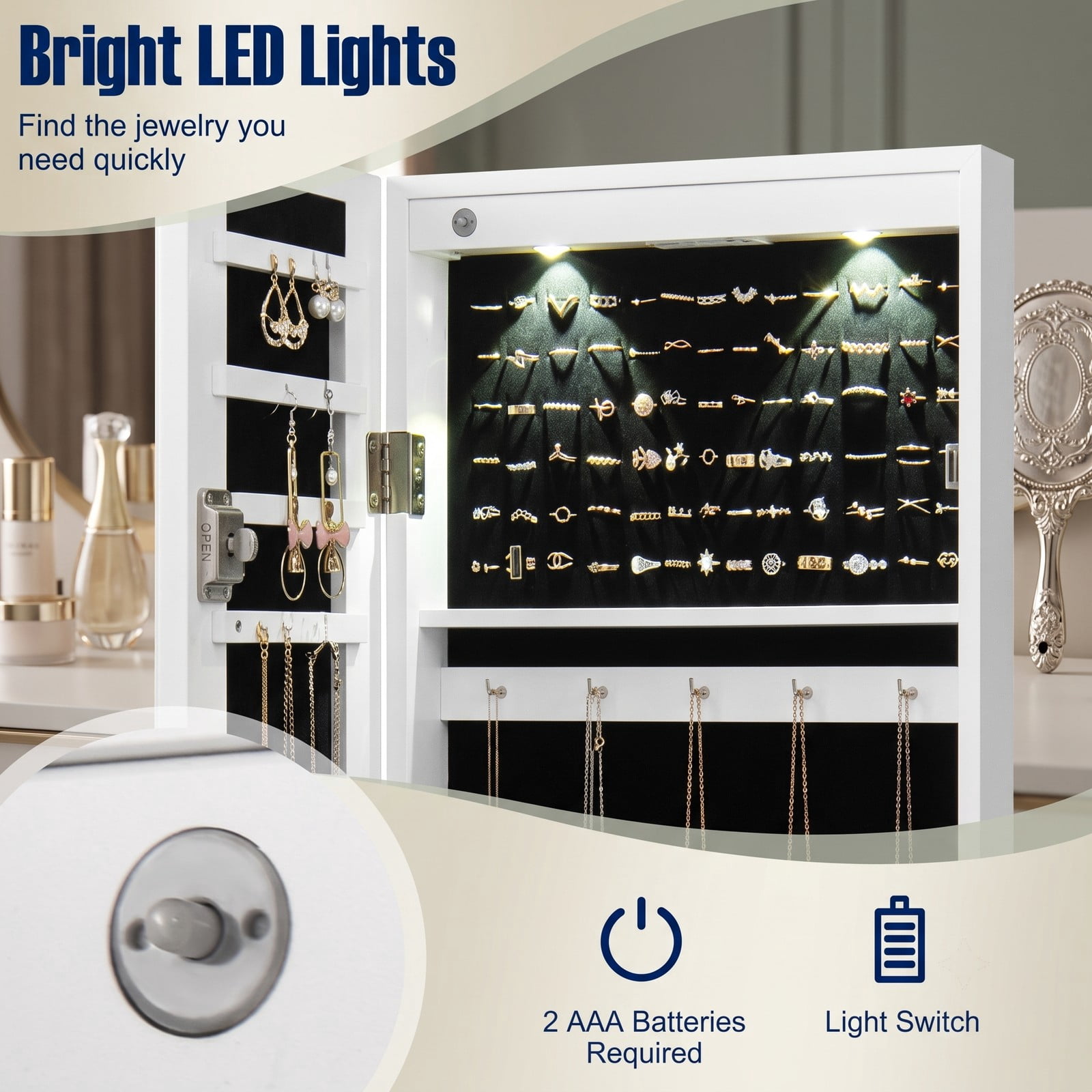 Furnibear Lockable Wall and Door Mounted Jewelry Cabinet with Full-Length Mirror and 8 LED Lights for Bedroom Rings and Necklace Storage, White