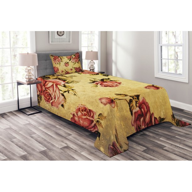 Rose Bedspread Set, Old Fashioned Victorian Style Rose Pattern with Dramatic Color Boho Art