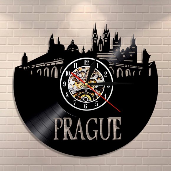 Travel Prague Wall Clock Czech Republic Cityscape Wall Art Vinyl Record Wall Clock Prague Skyline Home Decor Modern Wall Clock