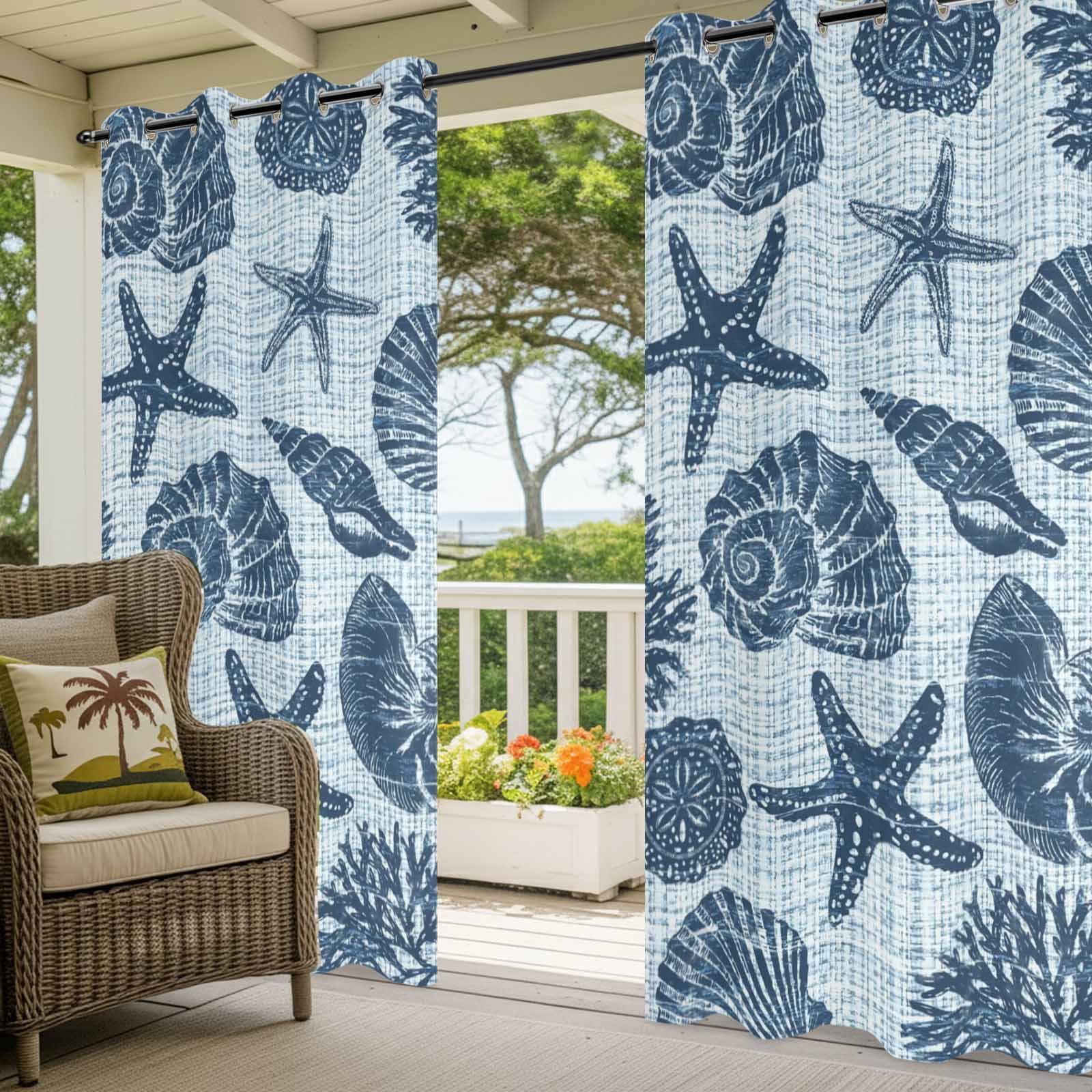 Marine Life Outdoor Curtains for Patio, Navy Starfish Conch Coral Linen Texture Ocean Sunshade Privacy Drapes Grommet Waterproof Outside Curtains for Porch/Cabana/Balcony 54"x 108", 1 Panel