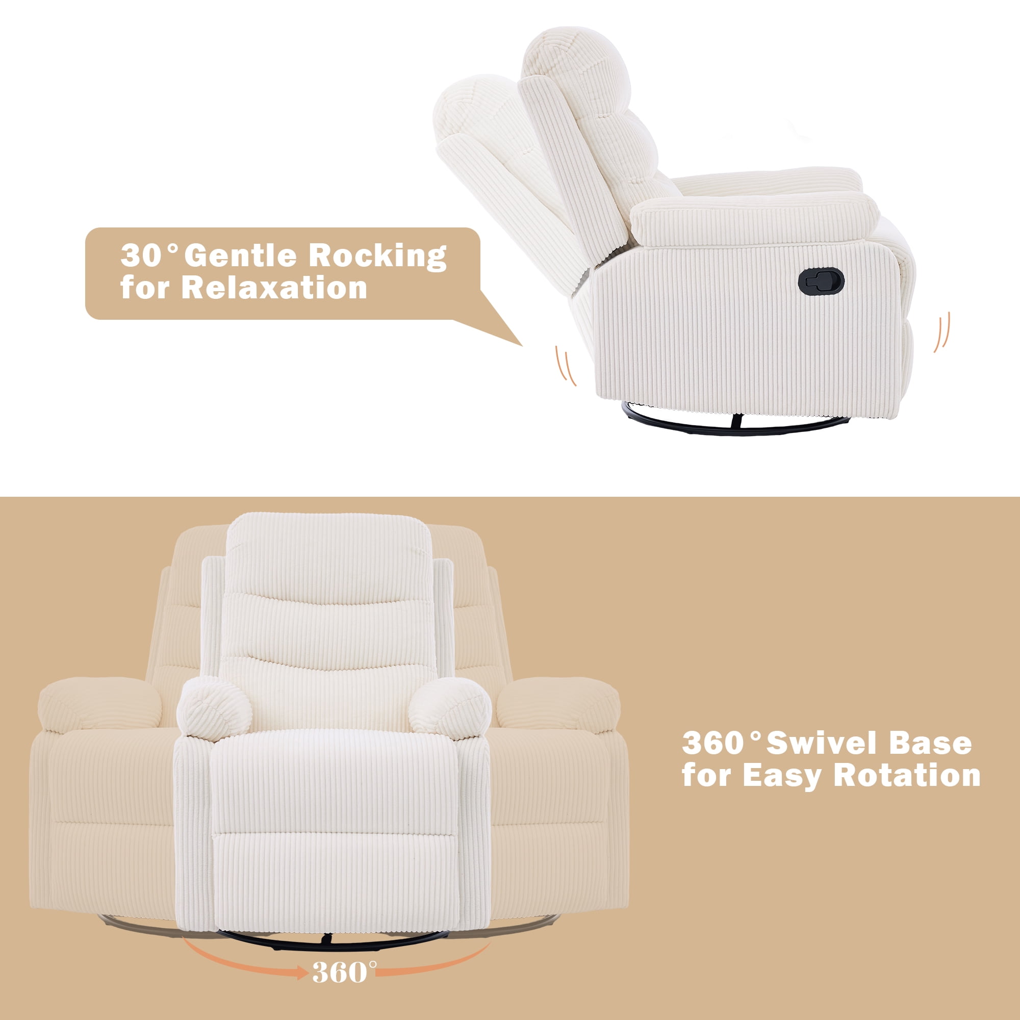GAOHAPY Rocking Recliner Chair,Modern Swivel Glider Recliner Chair,Corduroy Fabric Upholstery Recliner,Manual Reclining Sofa Chair for Living Room,Office,Apartment,Beige