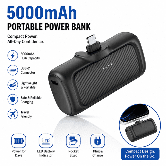 5000mAh Mini Portable Power Bank with 22.5W Fast Charging for iPhone, Android & USB-C Devices