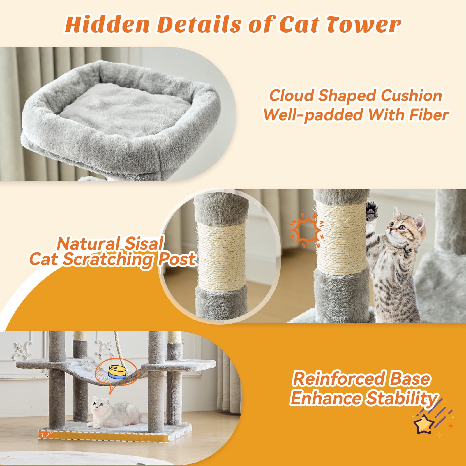 SHOUFTW 66in Cat Tree, Space-Saving Indoor Cat Tower with Large Top Perch and Hammock for Multi-Cat Households, Light Gray