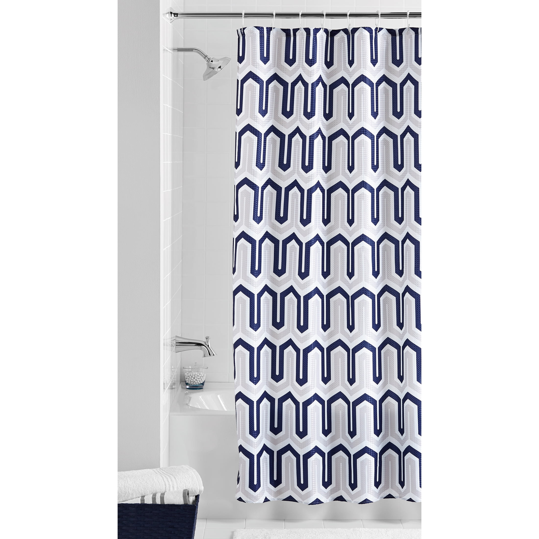 Mainstays London Navy Geometric Polyester Shower Curtain, 70" x 72"