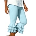 thumbnail image 2 of Women’s Layered Ruffle Hem Capri Yoga Pants Solid High Waist Workout Bell Leggings Slim Tummy Control Flare Bottom Light Blue 2XL, 2 of 9