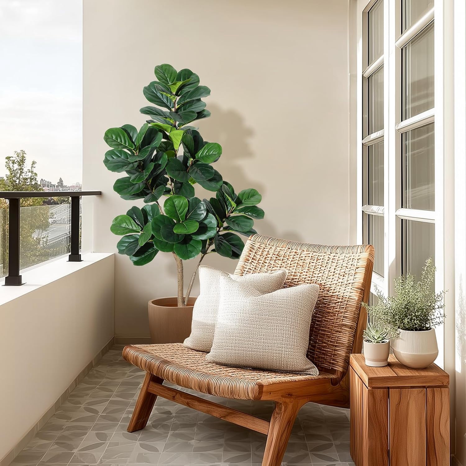 4FT Fiddle Leaf Fig Tree Artificial, Realistic Faux Ficus Lyrata Trees with 141 Leaves, Indoor Fake Floor Plants for Home Office Living Room Decor, with 9" White Planter Pot