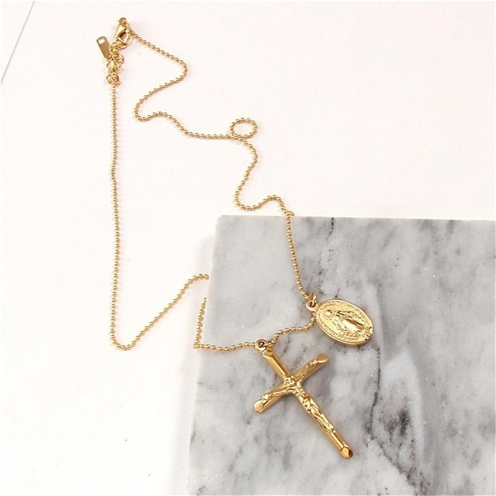 Medal Mary and Crucifix Gold Plated Miraculous Medal Medallion Necklace Women
