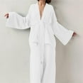thumbnail image 2 of Women Cotton Pajamas Set Long Sleeve Belted Sleepwear Suits Solid Color Cardigan and Wide Leg Pants 2 Piece (White M), 2 of 6