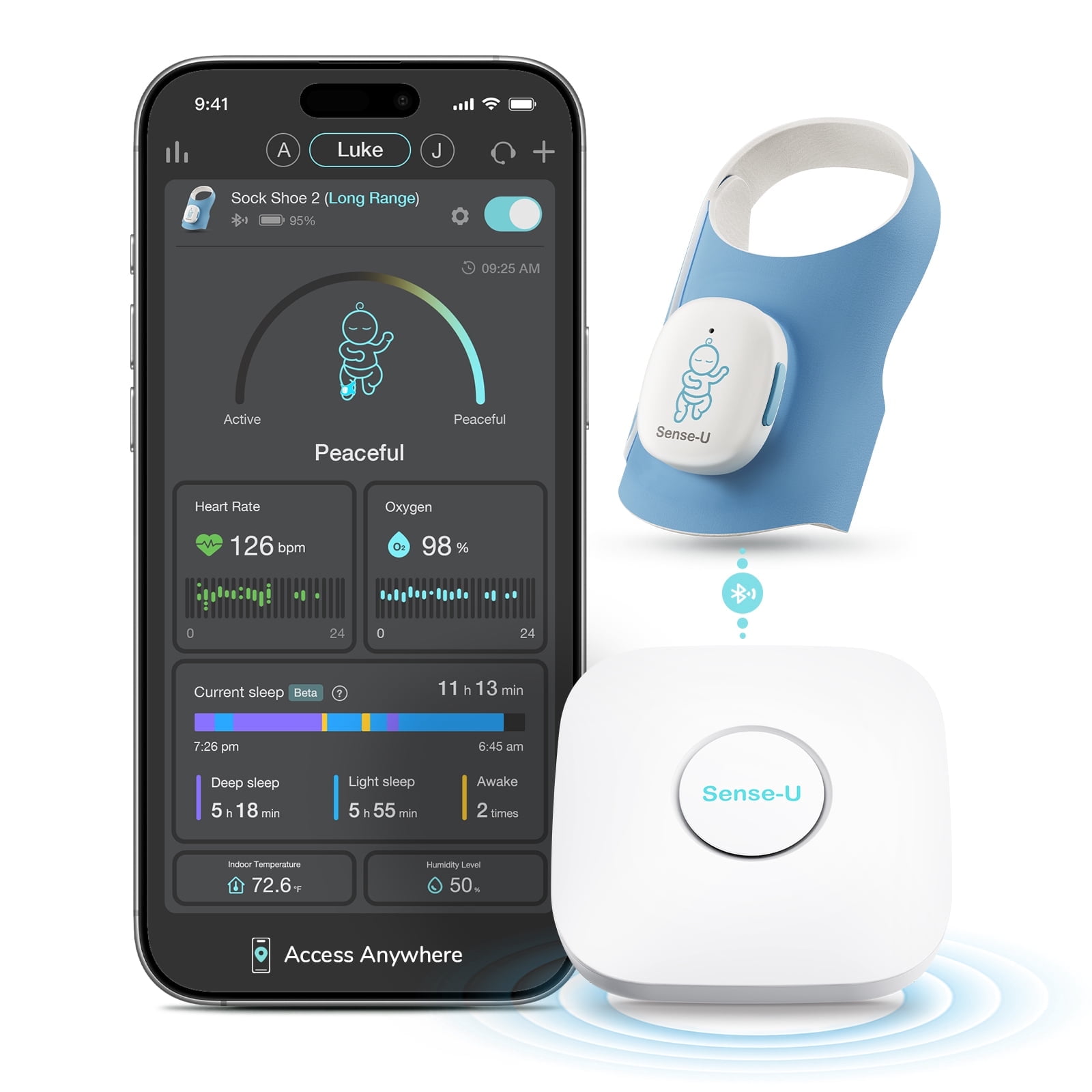 Sense-U Smart Baby Monitor Sock Shoe 2 (Long Range) with Transmissive PPG Foot Sensor, Track Sleep Patterns & Movement ,Base Station Display Room Temperature & Humidity