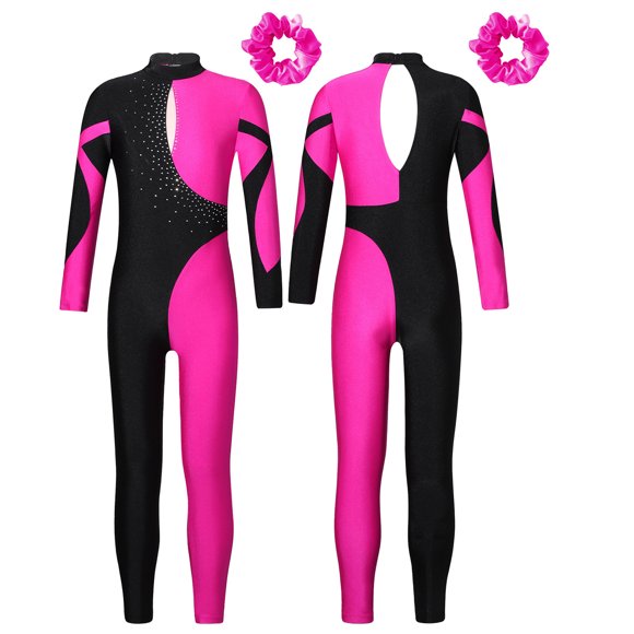 Doomiva Kids Girls Long Sleeve Catsuit Full Body Sparkling Ballet Dance Unitard Athletic Jumpsuit Bodysuit Hot Pink 16