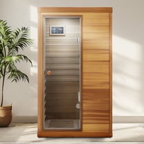 AVAXA Red Cedar Mini One Person Far Infrared Indoor Sauna Room with Left Glass Door, Natural Wood & Caramel