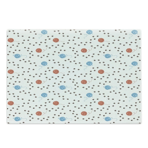 Cat Cutting Board, Animal Kitten Paw Footprints Paths Clew of Threads Yarn Pet Playful, Decorative Tempered Glass Cutting and Serving Board, Large Size, Pale Blue Coral Brown, by Ambesonne