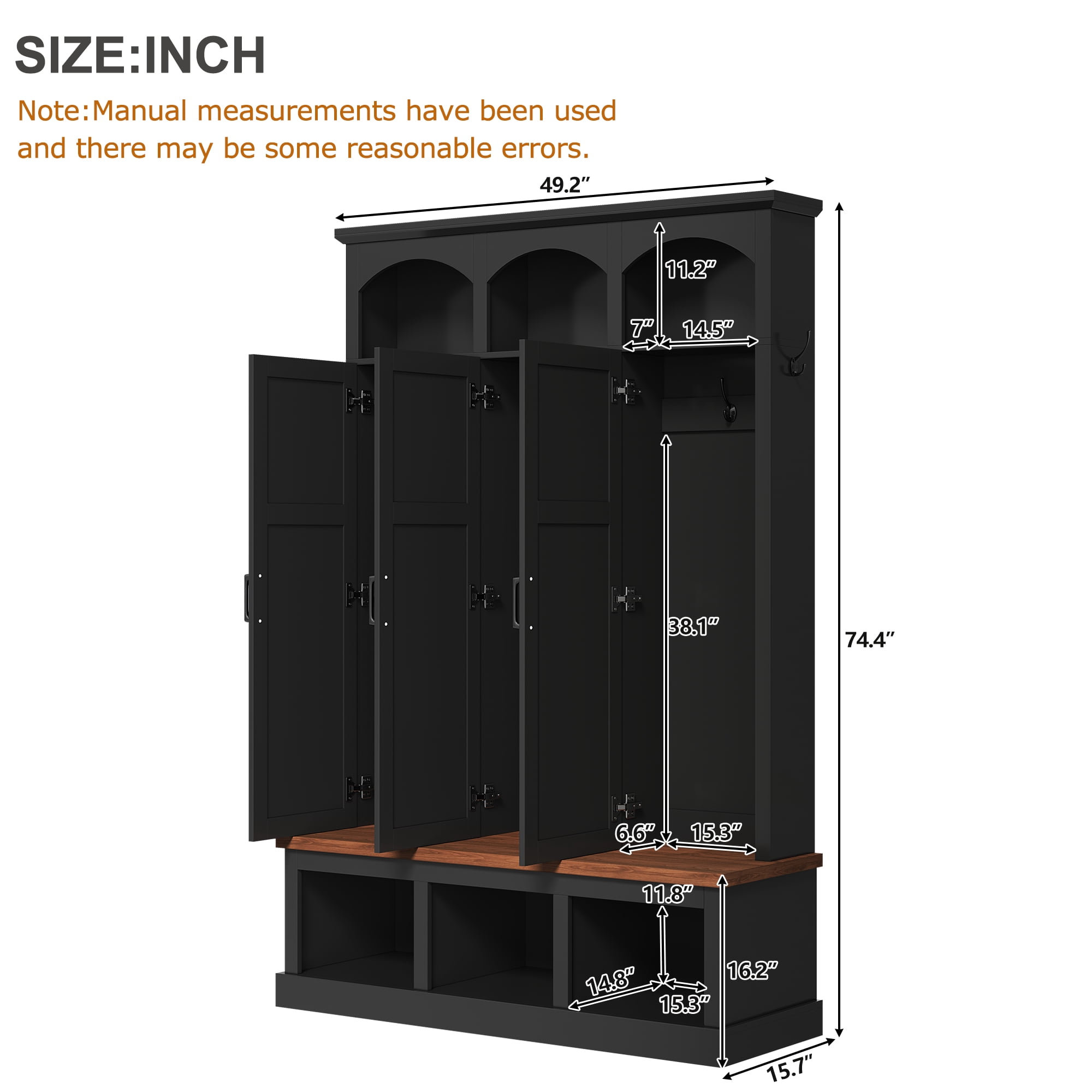 Homy Casa 49.2" Entryway Hall Tree with Bench, Storage Doors, Hooks & Lower Cubbies, Black