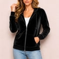 thumbnail image 6 of Karymi Zip‑Up Velvet Hooded Jackets for Women, Drawstring Hood Long Sleeve Casual Outerwear with Kangaroo Pocket, 6 of 7