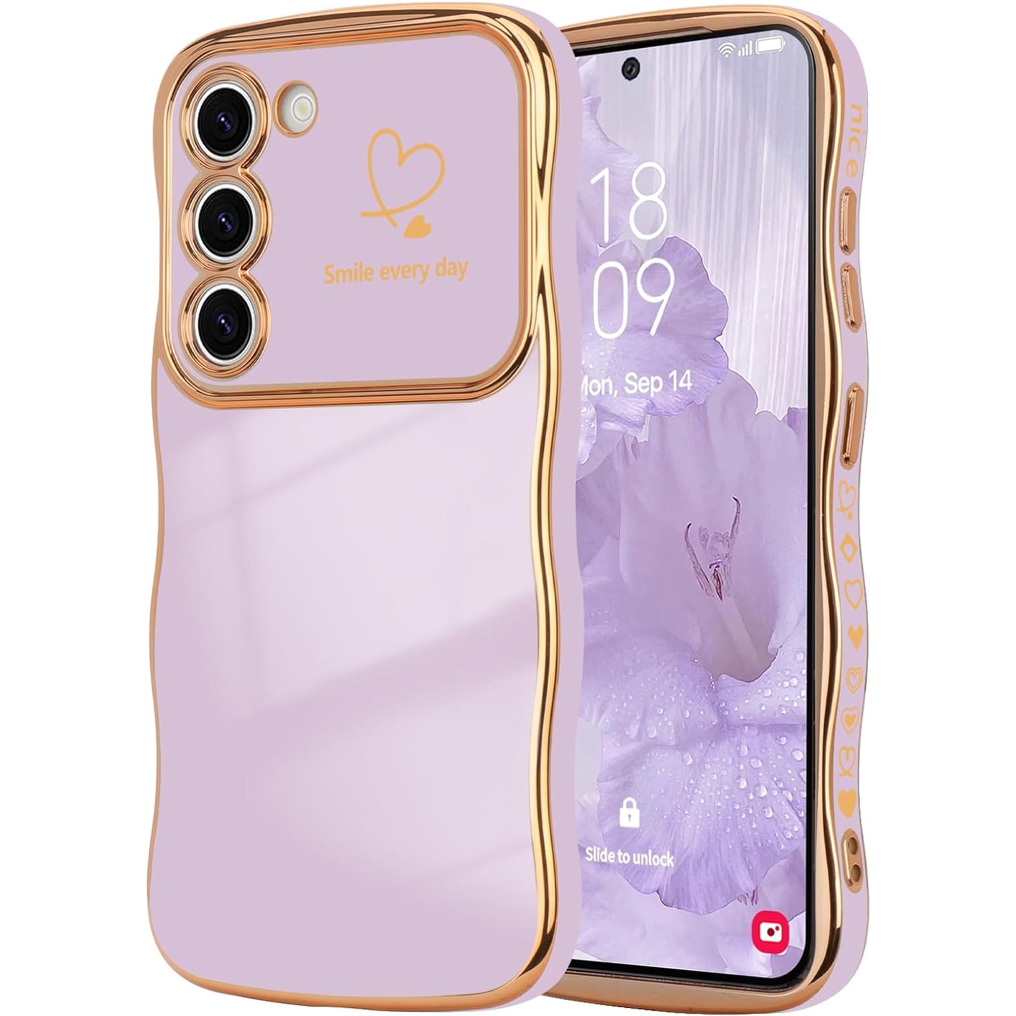 MYKOMI for Samsung Galaxy S22 Case for Women Girls, Cute Wave Frame Curly Shape with Love Heart Raised Camera Protection Cover Luxury Plating Shockproof Phone Case for Galaxy S22 5G