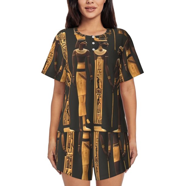 Fotbe Ancient Egyptian Hieroglyph Conjunto de Pijama Estampado para Mujer, 2 Piezas, Ropa de Dormir con Camiseta de Manga Corta y Shorts Suaves-X-Large