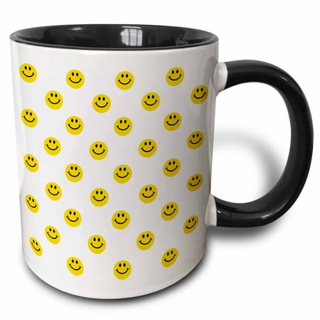 3dRose Yellow Smiley Face pattern - Cute Traditional Happy Smilies - 1960s Hippie style smiling smileys - Two Tone Black Mug,