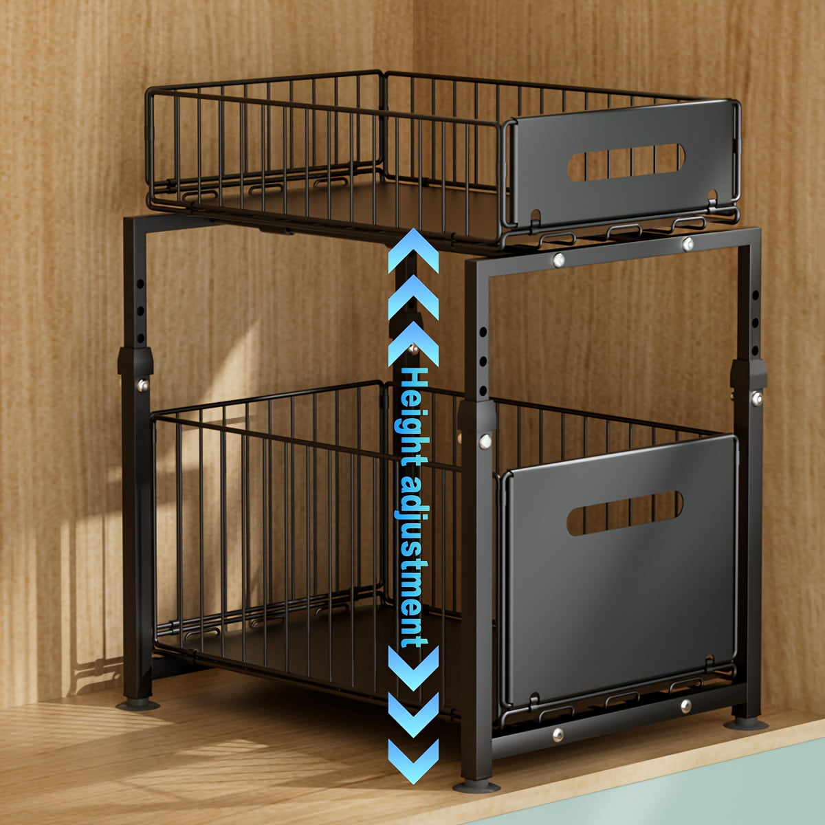 2-Tier Under Sink Organizer with Sliding Drawer, Heavy Duty Carbon Steel Storage Rack for Kitchen & Bathroom, Adjustable Shelves with Hooks for Utensils, Cleaning Supplies and Spices