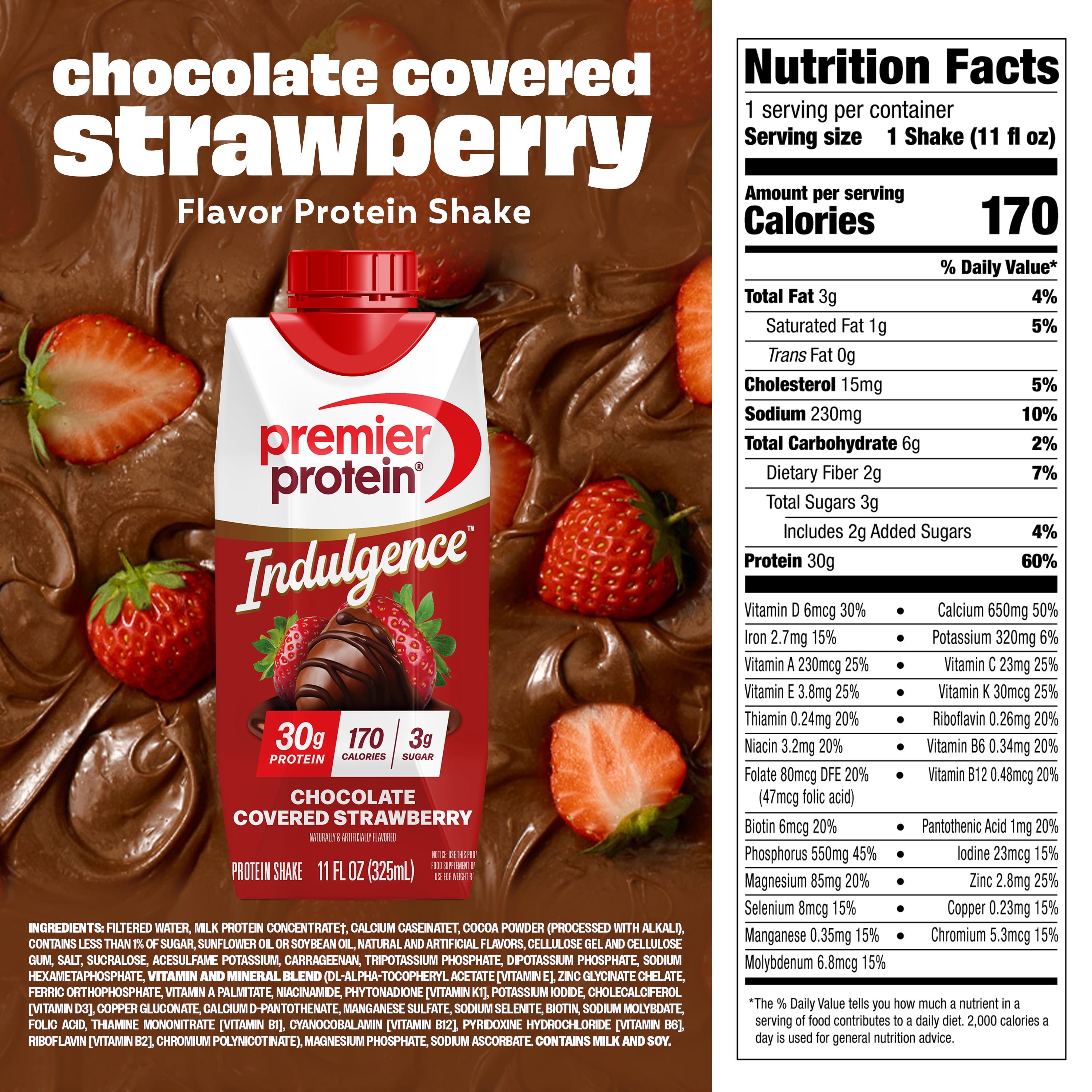 (3 pack) Premier Protein Indulgence Protein Shake, Chocolate Covered Strawberry, 30g Protein, 11 fl oz, 4 Ct