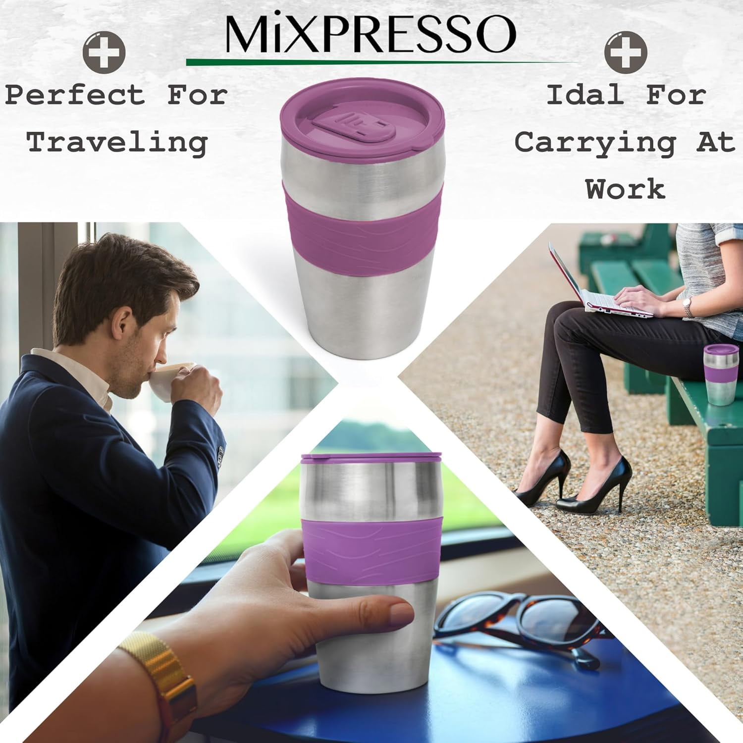 Mixpresso Single Serve Coffee Maker Ground Coffee and 14oz Travel Mug